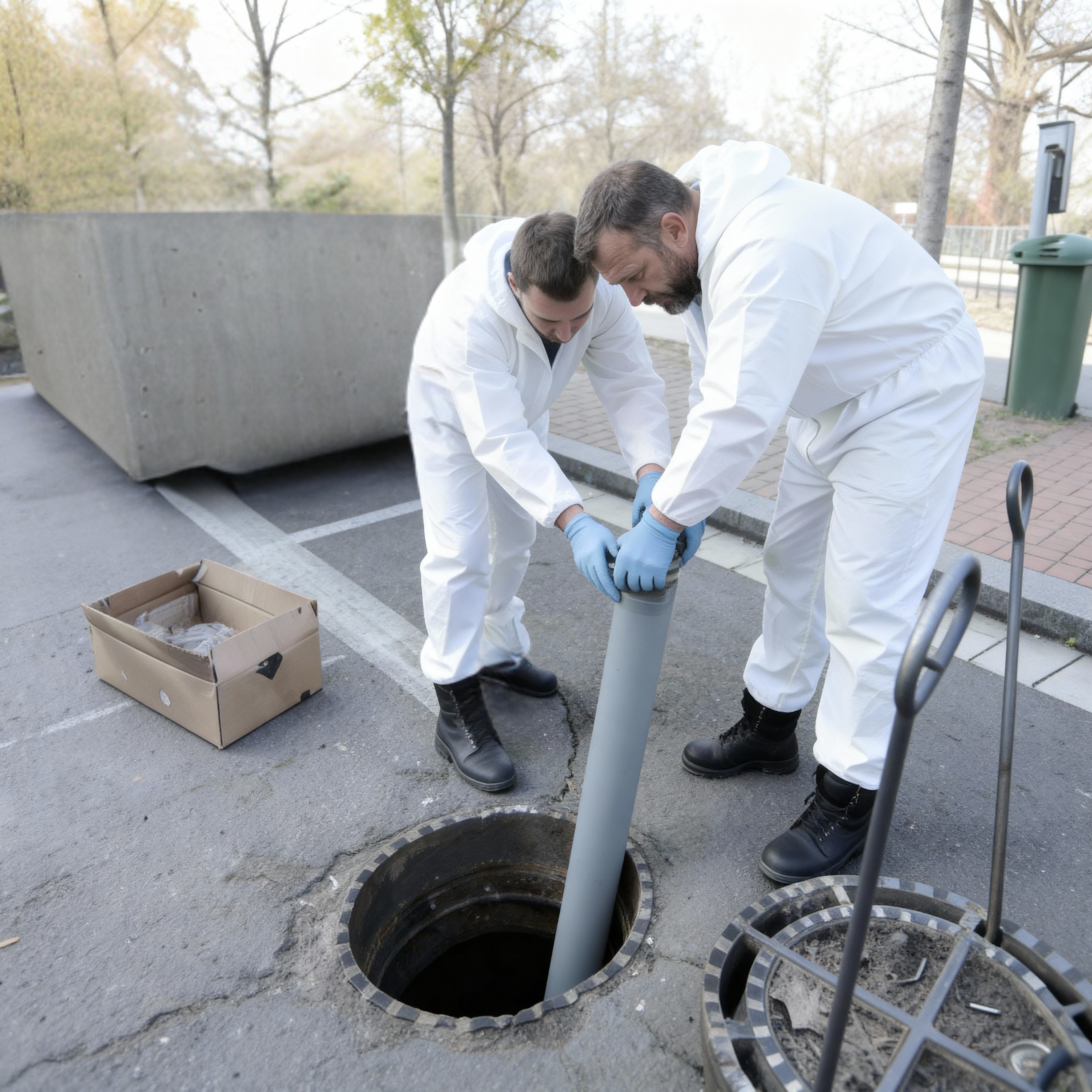 Profesionální deratizace kanalizace – pracovníci provádějí hubení hlodavců v kanalizační šachtě ve venkovním prostoru.