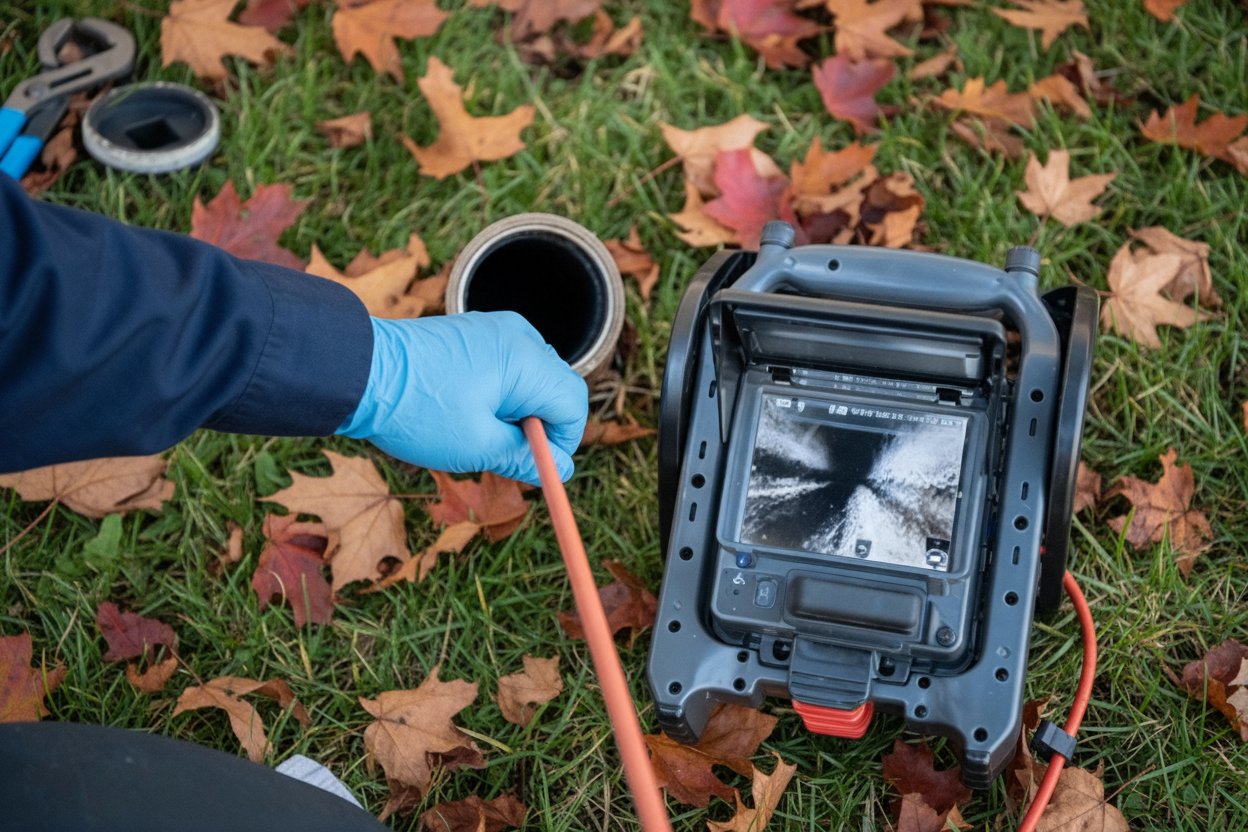 Kamerová prohlídka kanalizačního potrubí pomocí inspekční kamery a monitoru pro diagnostiku stavu odpadu.